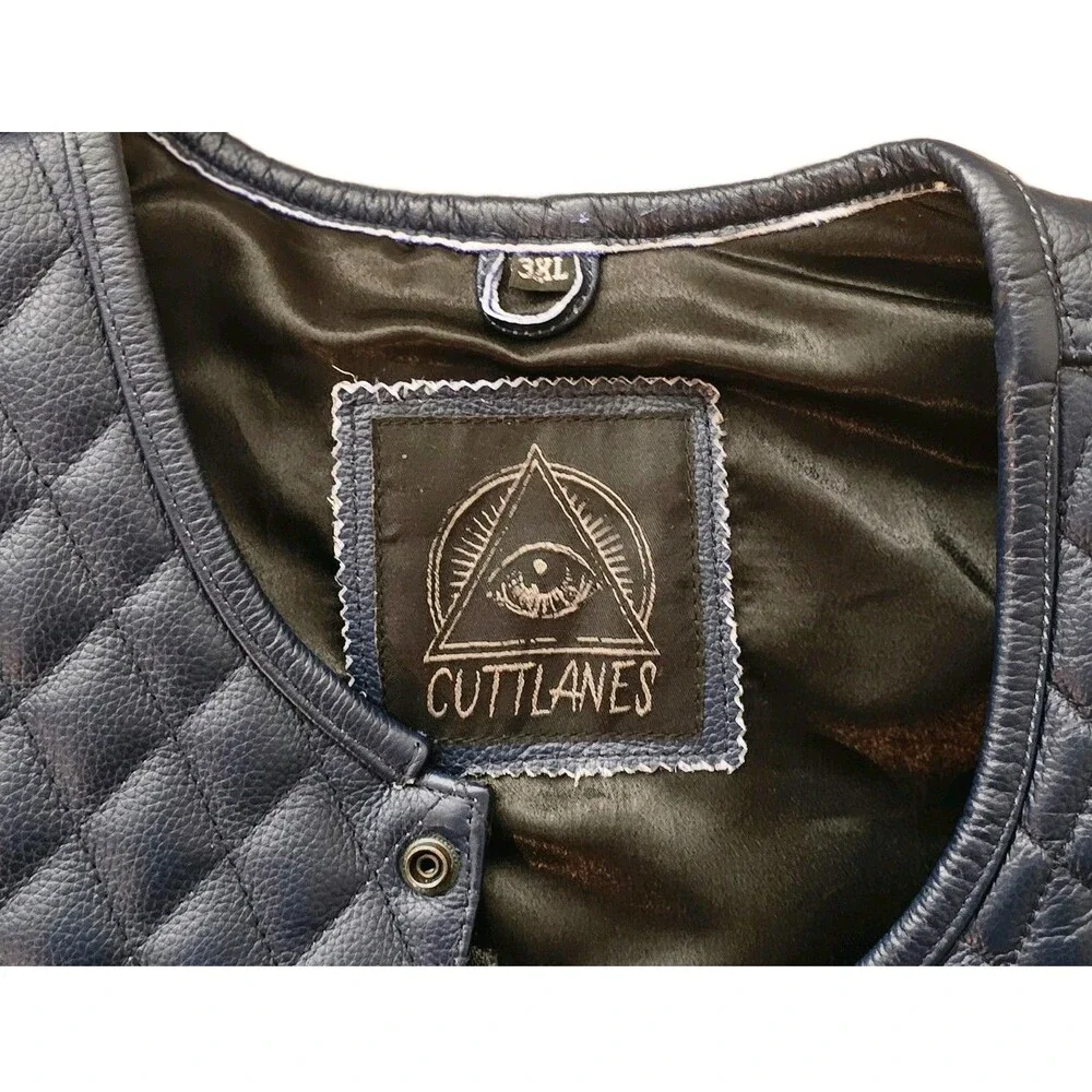 Cuttlanes Mens 3XL Navy Blue Leather Diamond Quilted Biker Motorcycle Vest CCW